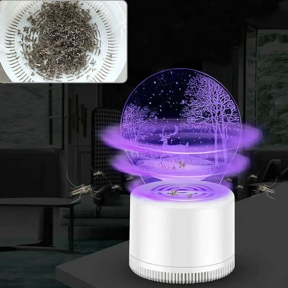 valge silindriline LED lamp lilla 3D pildiga, mis kujutab metsa ja hirve
