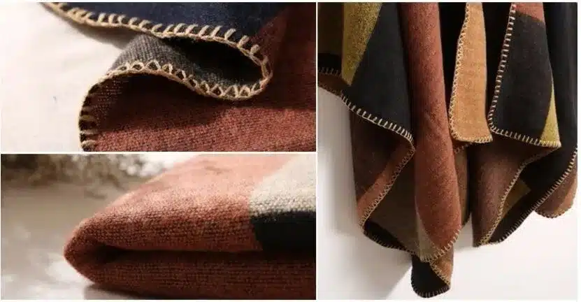 kolm suurt vintage stiilis salli, millel on pruunid, mustad ja kollased toonid ning dekoratiivsed ääred