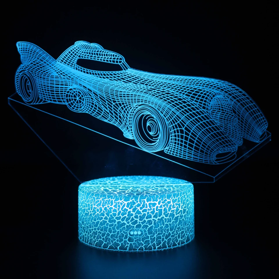 sinine 3D autokujuline öölamp mustal taustal