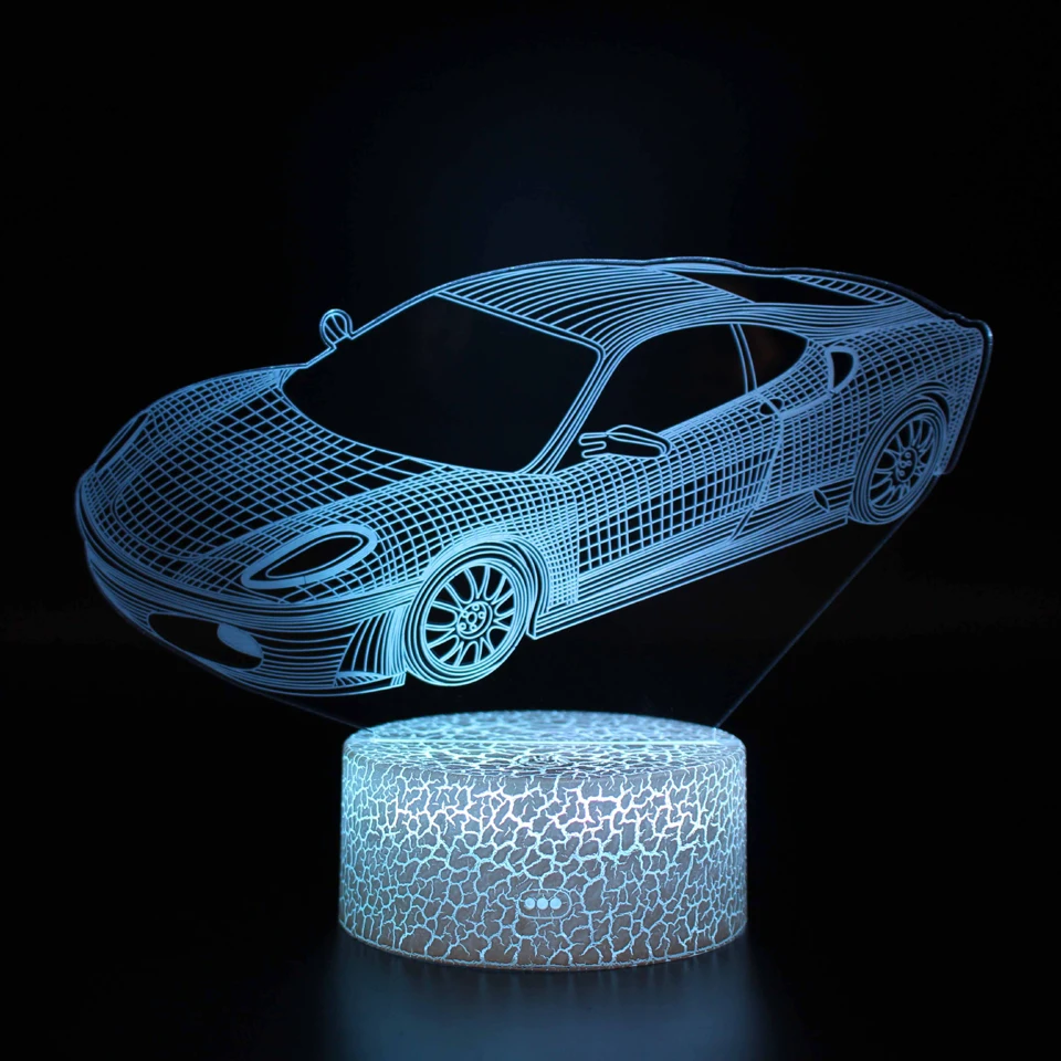 sinine 3D auto kujutisega öölamp mustal taustal