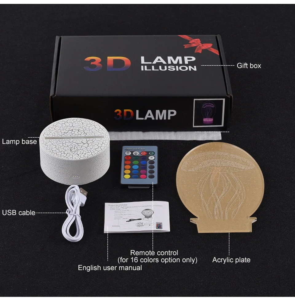 3D illusiooni lamp koos aluse, akrüülplaadi, kaugjuhtimispuldi ja USB-kaabliga