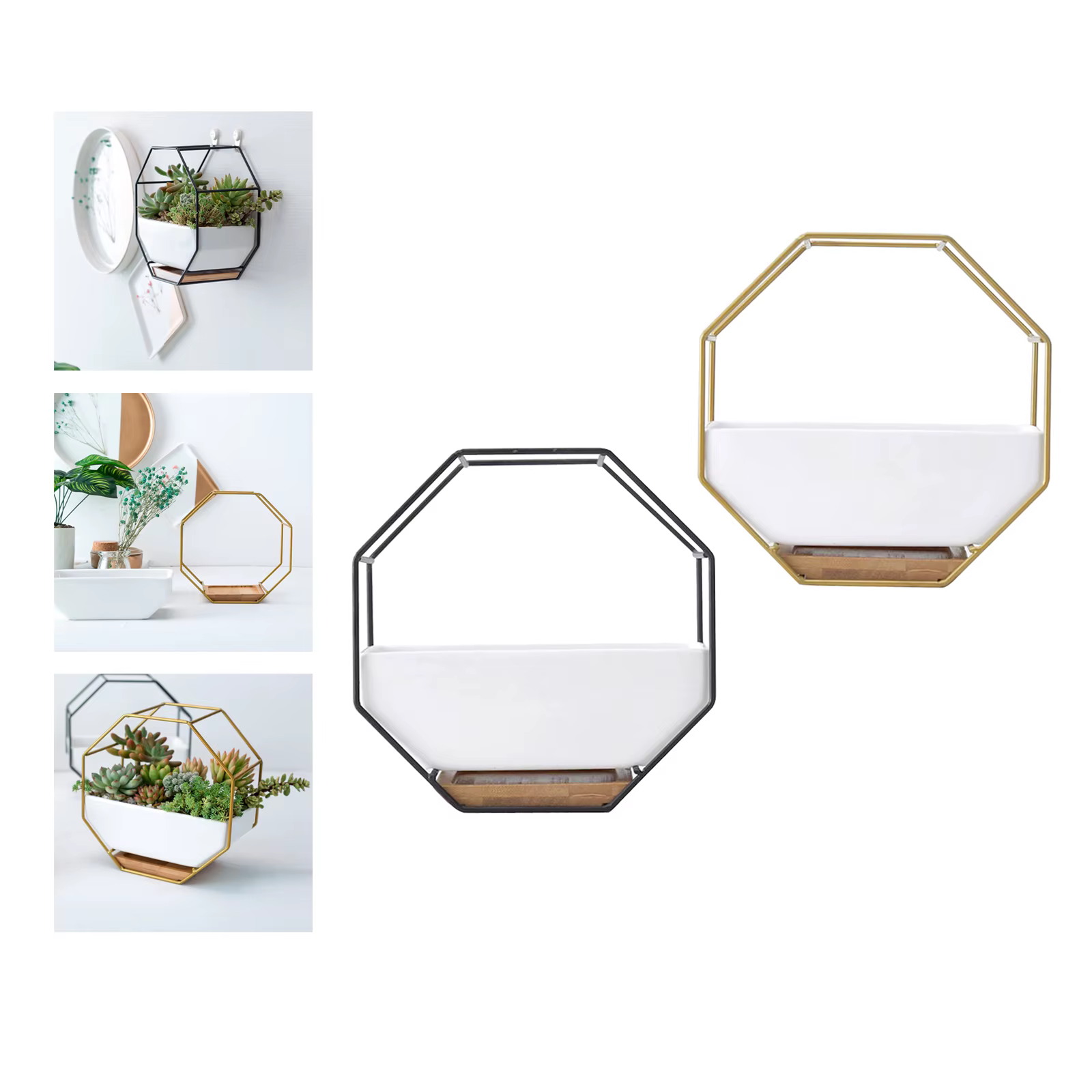 geomeetriline valge lillepott kuusnurkses metallraamis
