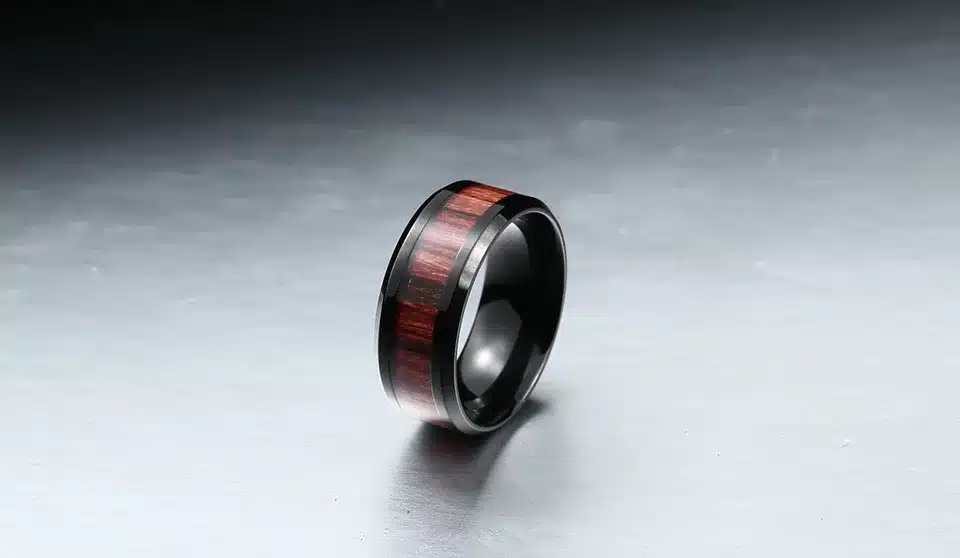 Steel soldier black ring with dark red wood inlay inside ring men unique fashion engagement jewelry 12