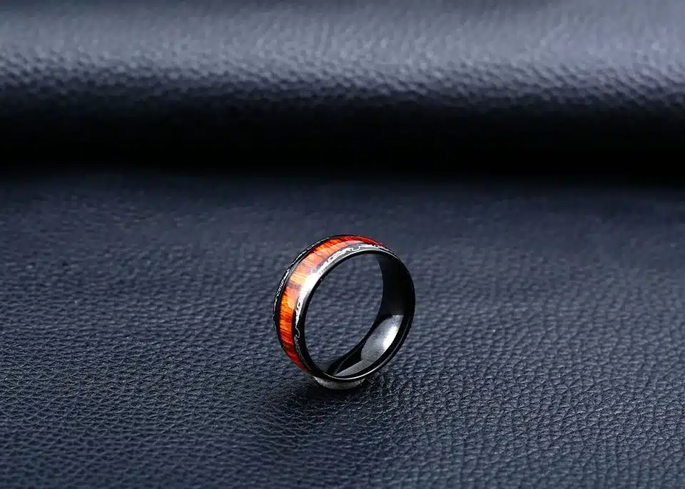 Steel soldier black ring with dark red wood inlay inside ring men unique fashion engagement jewelry 13
