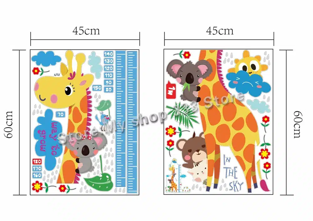 Free shipping Kids hoogte grafiek muursticker interieur giraf hoogte heerser decoratie kamer decals muur art sticker wallpaper 16