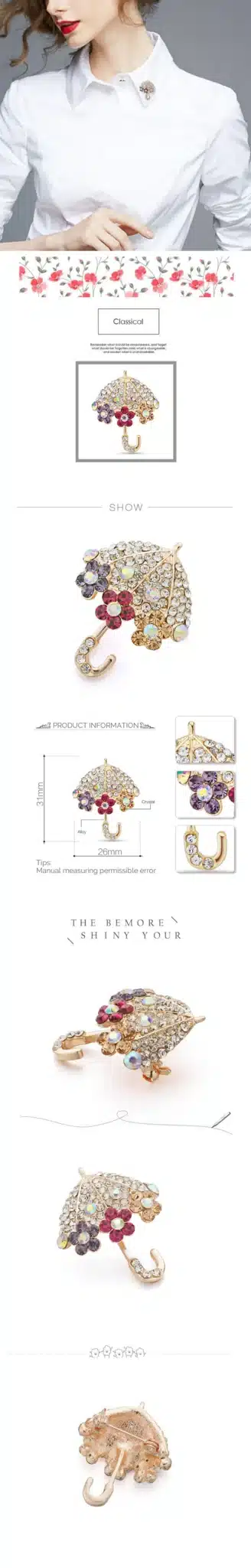 Dalaful Crystal Umbrella Brooch Decorative Accessories Wedding Bridal Jewelry Flower Brooch Pin Z027 13
