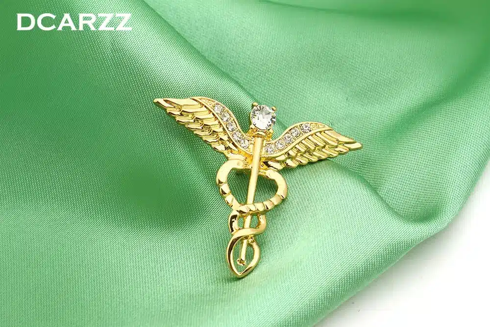 Gold Color Caduceus Pin Medical Jewelry Gift for Doctor/Nurse/Medical Student Rod Of Asclepius Emergency Crystal Brooch 3