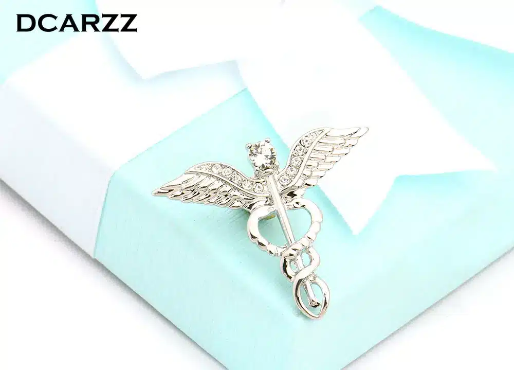 Gold Color Caduceus Pin Medical Jewelry Gift for Doctor/Nurse/Medical Student Rod Of Asclepius Emergency Crystal Brooch 5