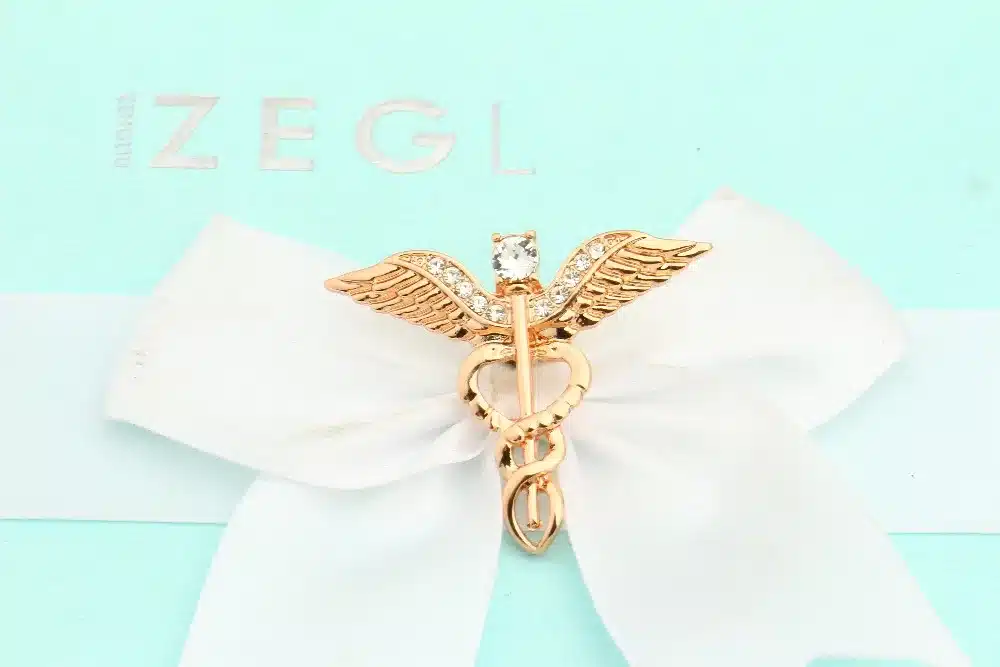 Gold Color Caduceus Pin Medical Jewelry Gift for Doctor/Nurse/Medical Student Rod Of Asclepius Emergency Crystal Brooch 6