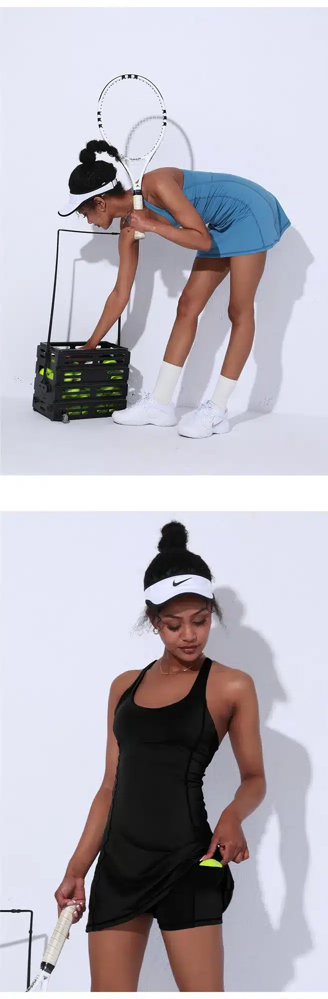 naine tennisereketiga, seljas sinine ja must sportlik komplekt