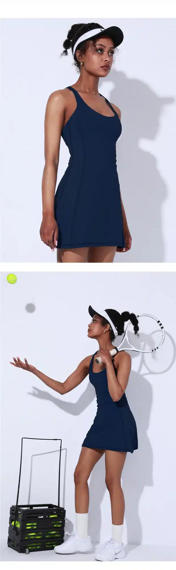 naine tumesinises spordikleidis ja nokamütsis, hoiab tennisereketit