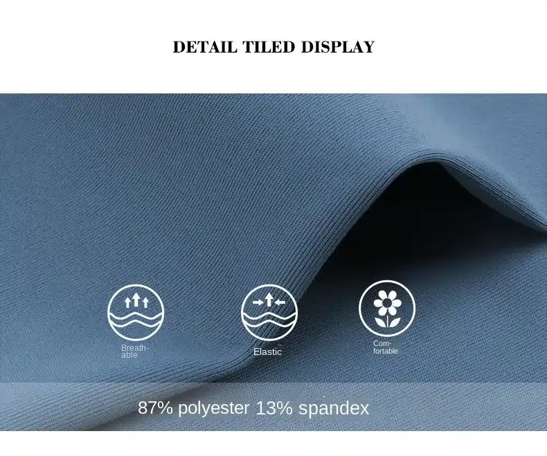 sinine kangas, mille koostis on 87% polüester ja 13% spandex