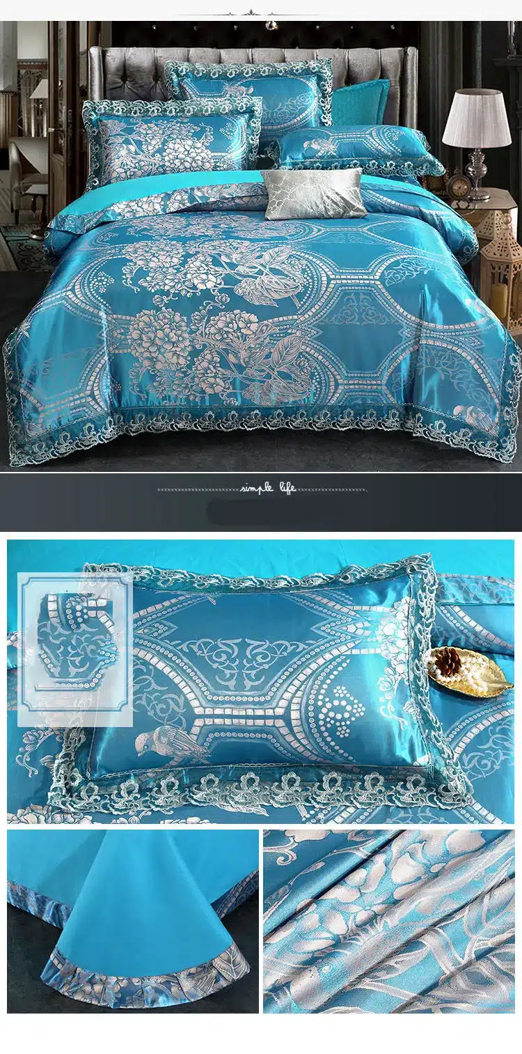 sinine voodipesukomplekt elegantse mustriga, neli osa