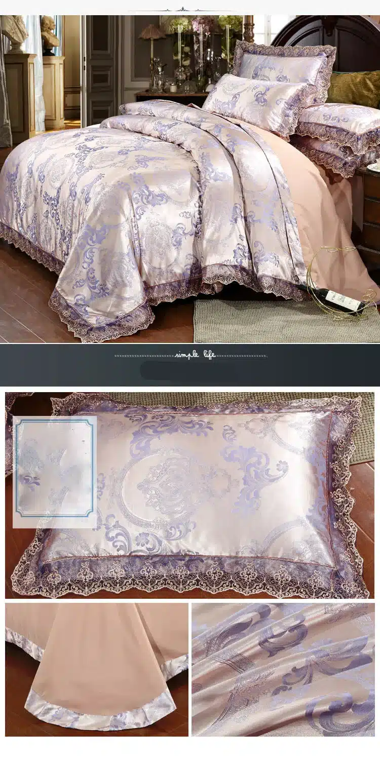 elegantse mustriga voodipesu komplekt, millel on lillad ja beežid toonid