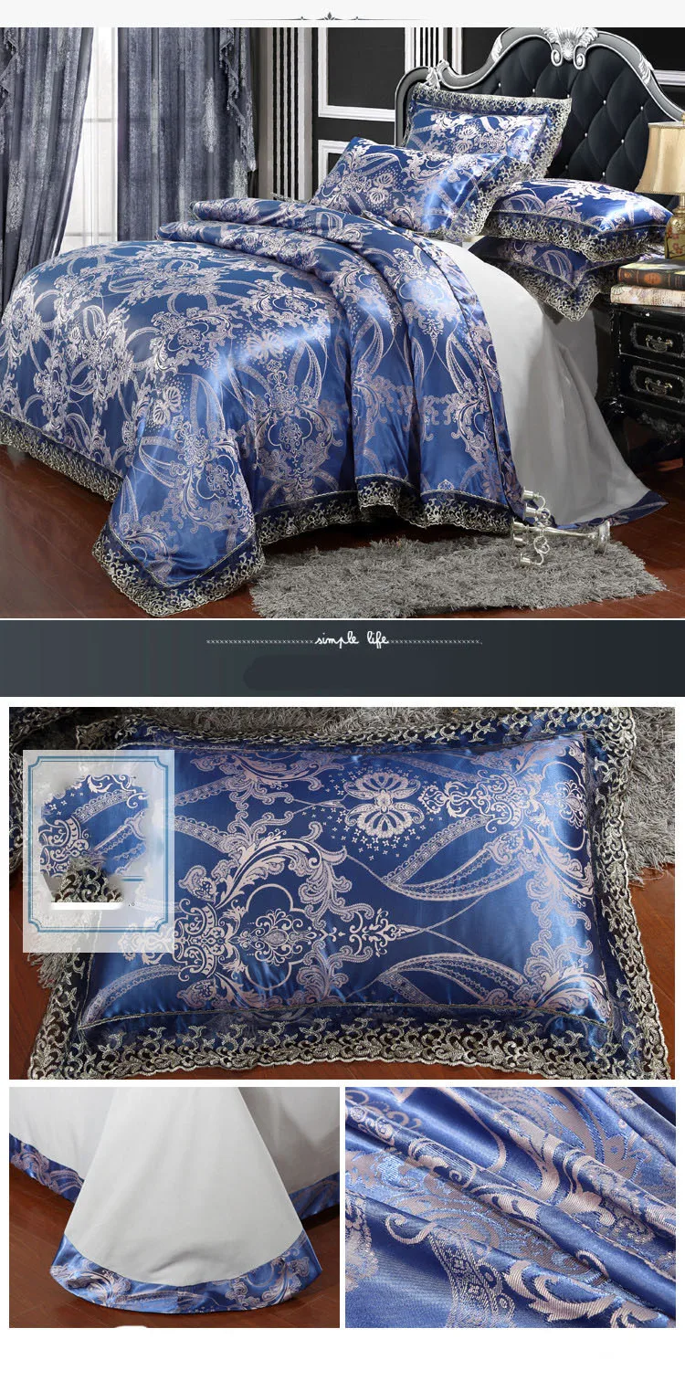sinine voodipesukomplekt elegantse mustriga ja pitsilise äärega