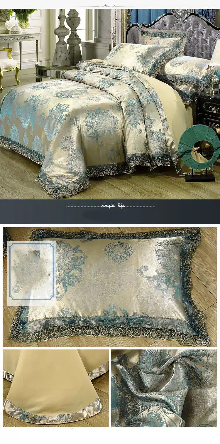 elegantne voodipesukomplekt siniste ja kuldsete mustritega