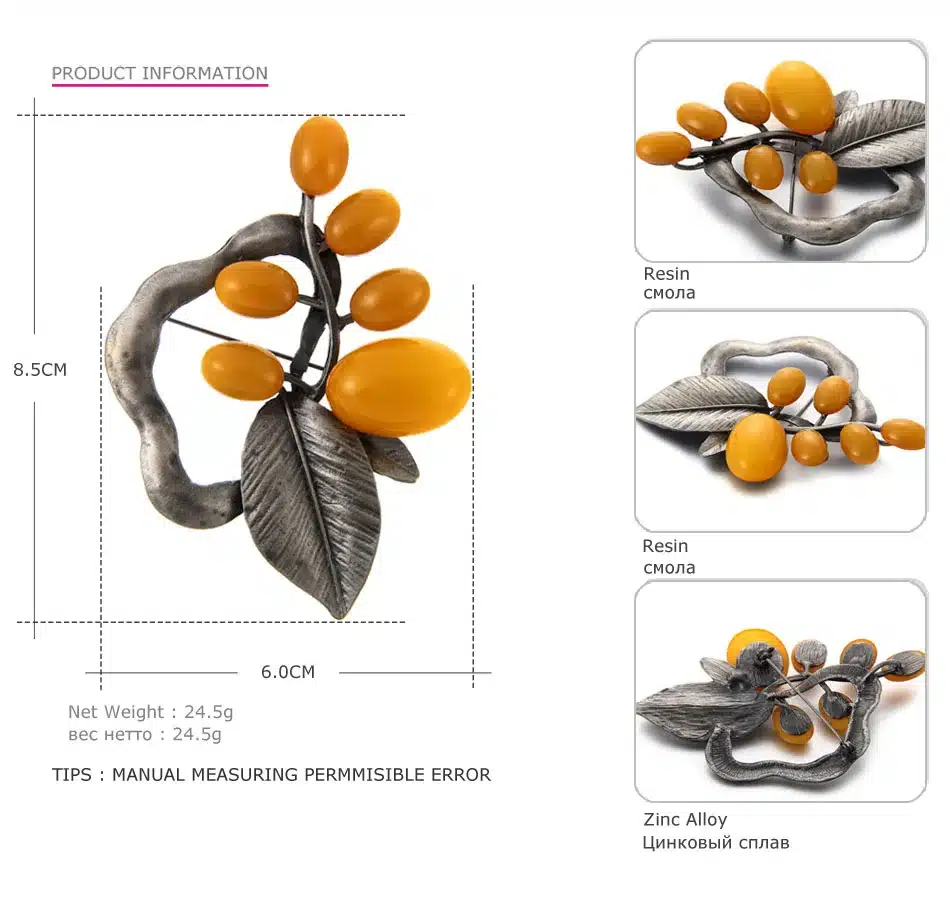 MloveAcc European Vintage Style Leaf Shape Brooches & Pin Neon Yellow Resin Charm Women Collar Brooch Pins Accessories 13