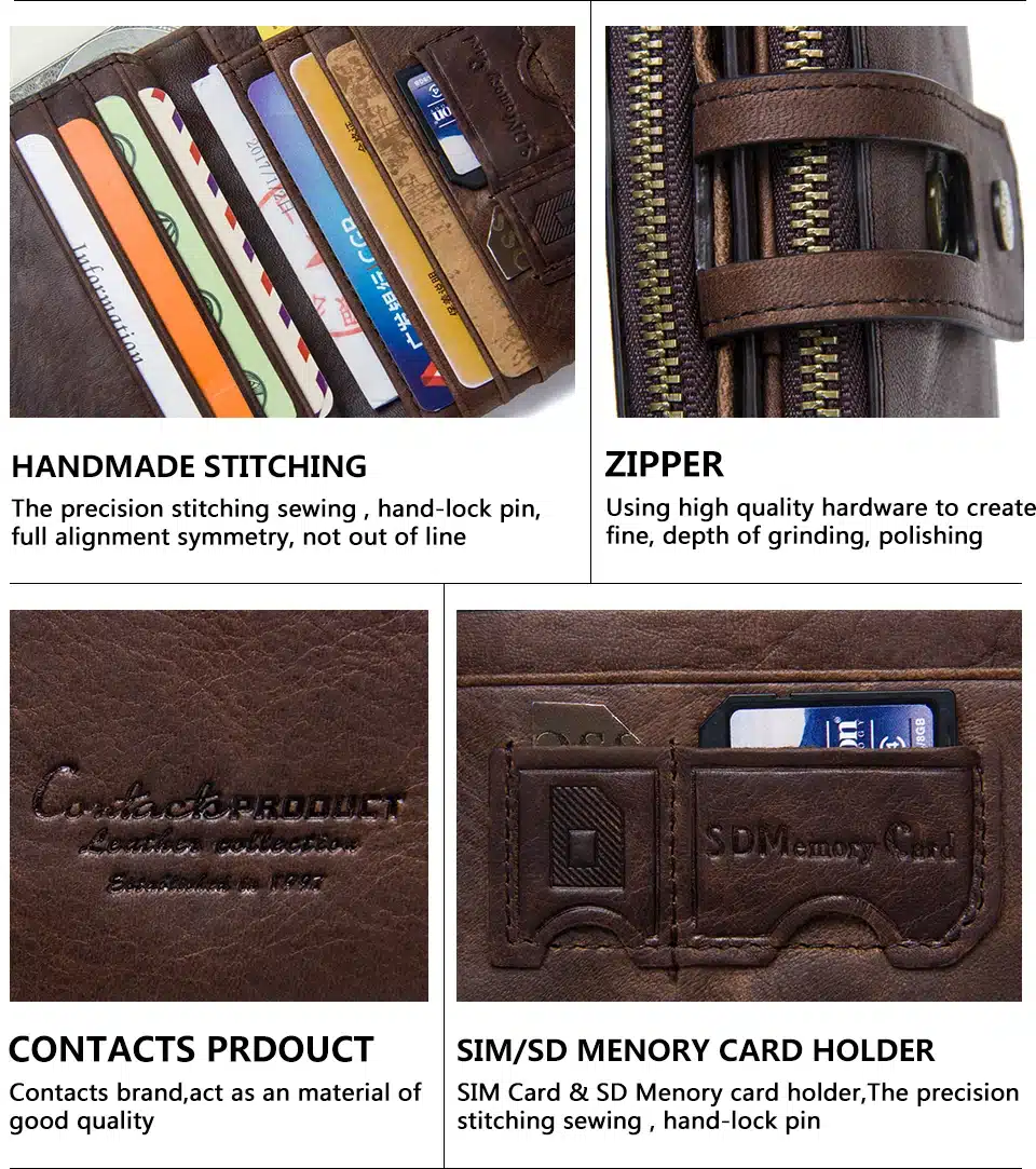 CONTACT'S Genuine Crazy Horse Leather Mens Wallet Man Cowhide Cover Coin Purse Small Brand Male Credit&ID Multifunctional Walets 30