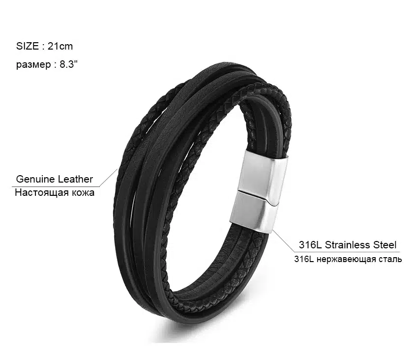 XQNI Multi-layer Stainless Steel Buckle Black/Brown Genuine Leather Bracelet For Men Women Classic Design For Surprise Gift 16