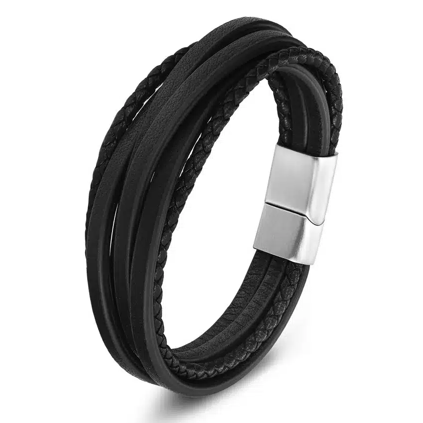 XQNI Multi-layer Stainless Steel Buckle Black/Brown Genuine Leather Bracelet For Men Women Classic Design For Surprise Gift 19