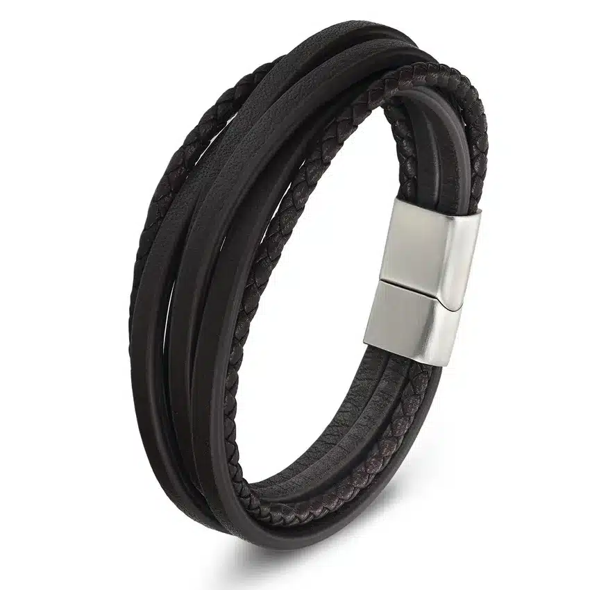 XQNI Multi-layer Stainless Steel Buckle Black/Brown Genuine Leather Bracelet For Men Women Classic Design For Surprise Gift 20