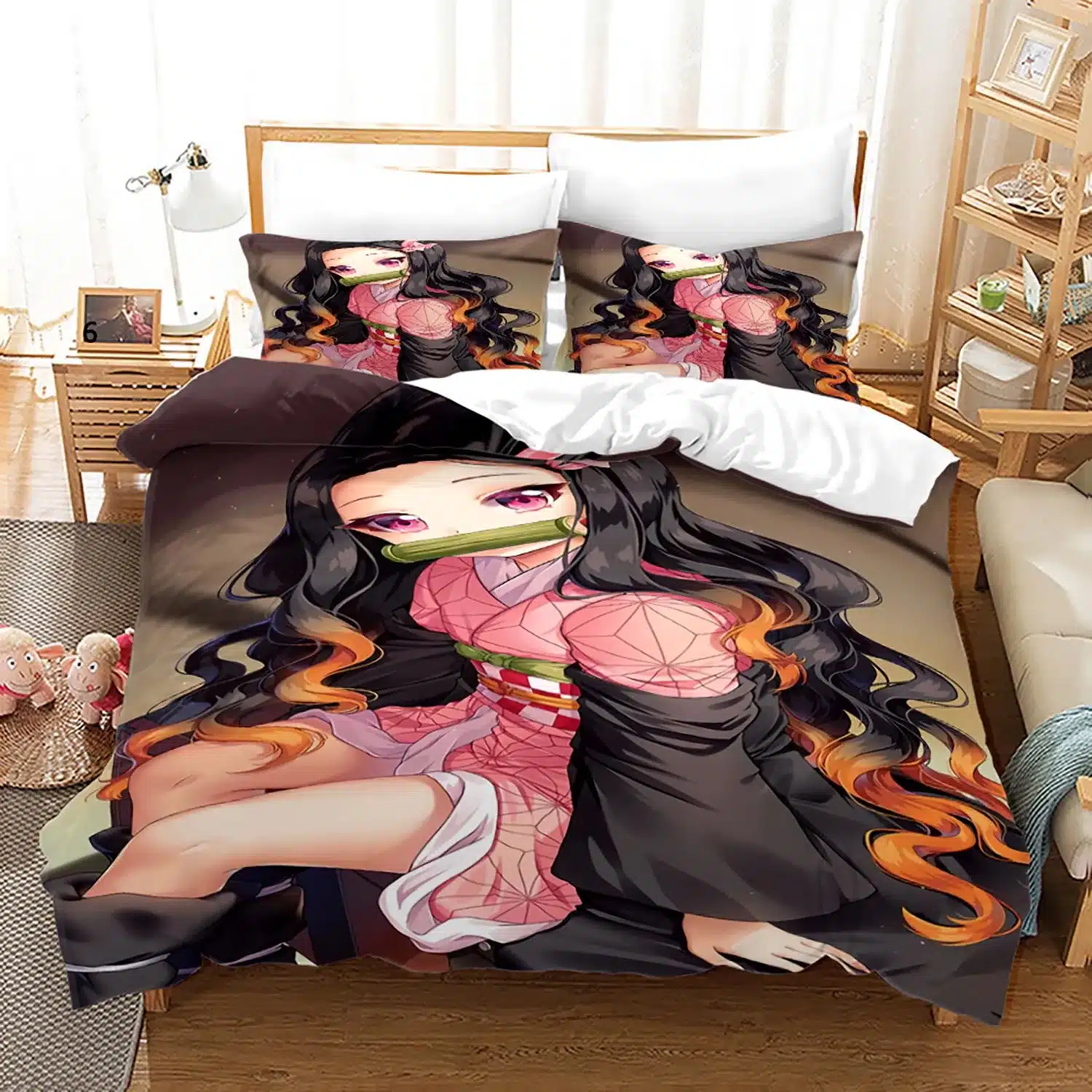 voodipesukomplekt anime tegelase kujutisega, millel on mustad ja oranžid juuksed