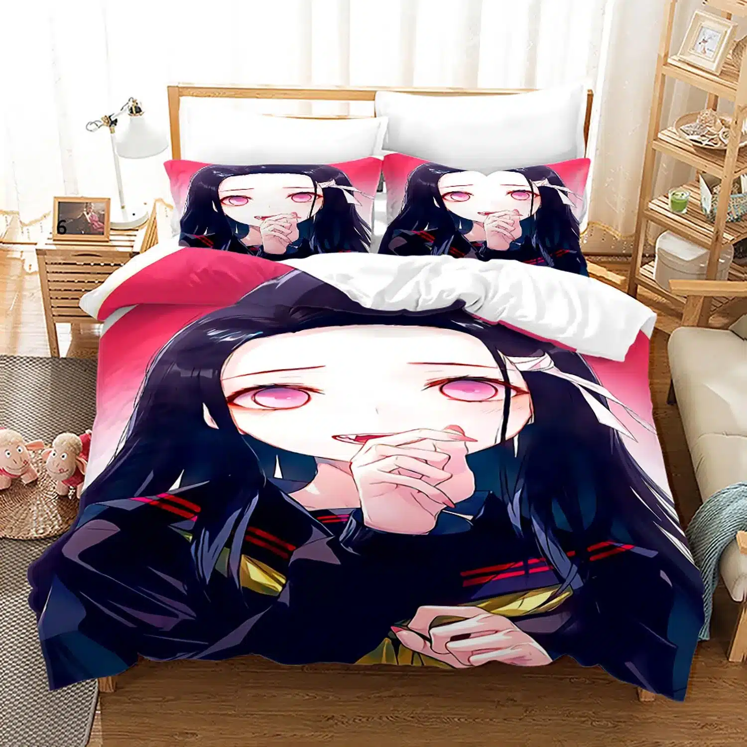 voodipesukomplekt anime tegelase pildiga, roosades ja mustades toonides