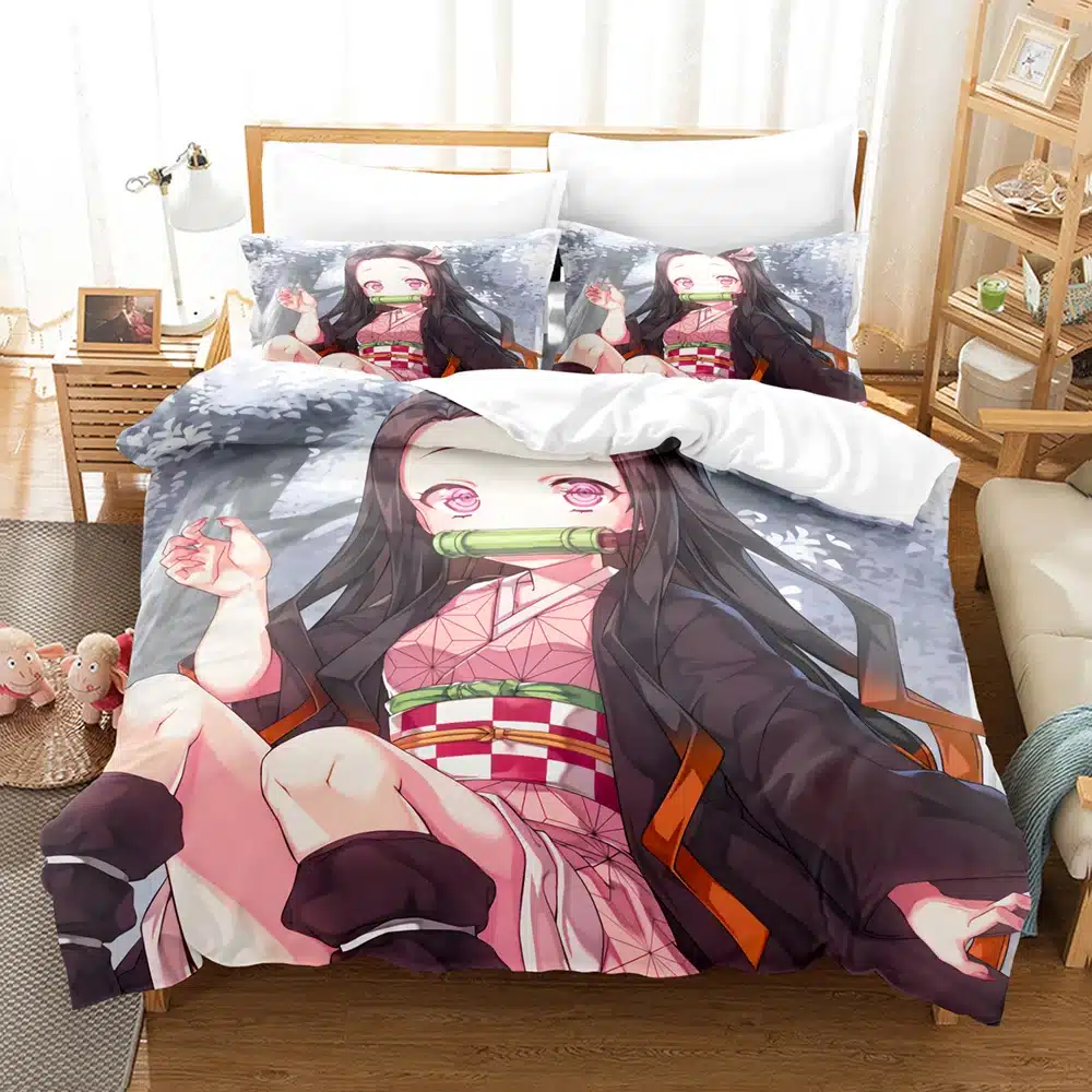voodipesukomplekt anime tegelase kujutisega, millel on roosad ja hallid toonid