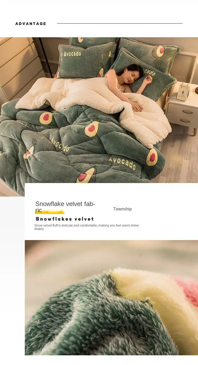 naine magab voodis pehmete ja paksude avokaadomustriga tekkide all