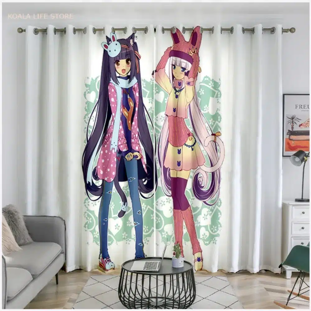 kardinad anime stiilis tegelastega, hele taust ja värvilised illustratsioonid
