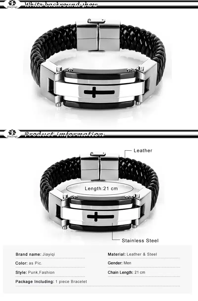 Jiayiqi Punk Cross Stainless Steel Braided Cuff Leather Bracelets Men Woven Bangle For Men Jewelry Christmas Gift 2016 12