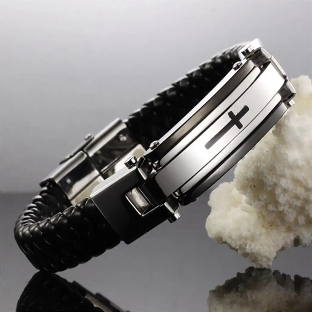 Jiayiqi Punk Cross Stainless Steel Braided Cuff Leather Bracelets Men Woven Bangle For Men Jewelry Christmas Gift 2016 15