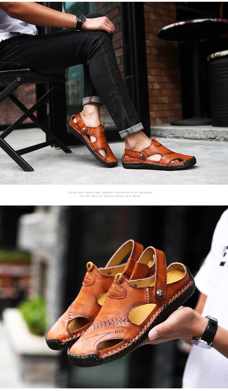 New Genuine Leather Men Sandals Shoes Summer Leisure Beach Men's Sandals High Quality Sandals Slippers Bohemia Big Size 38-48 15
