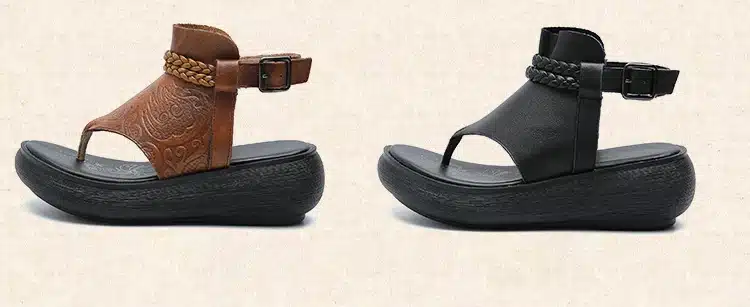 mustad ja pruunid varbavahe sandaalid naistele, nahast rihmade ja mugava tallaga