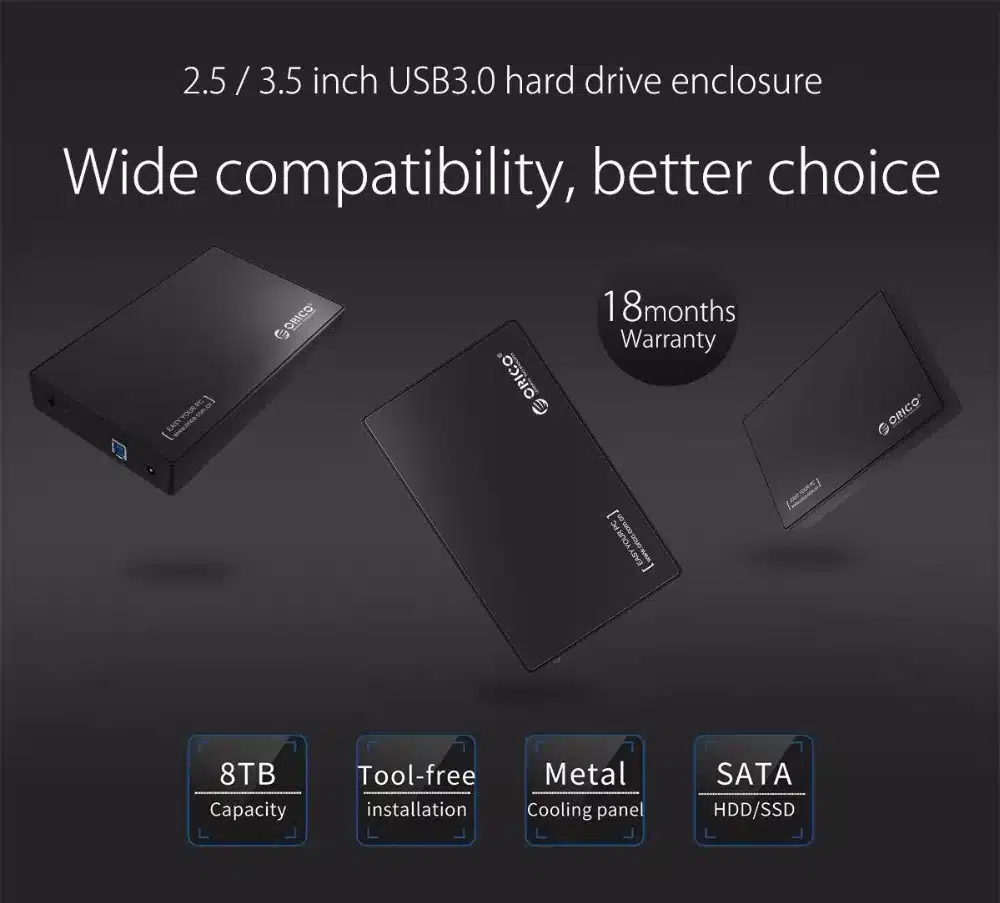 must metallist kõvaketta ümbris, millel on USB3.0 ühendus ja SATA tugi