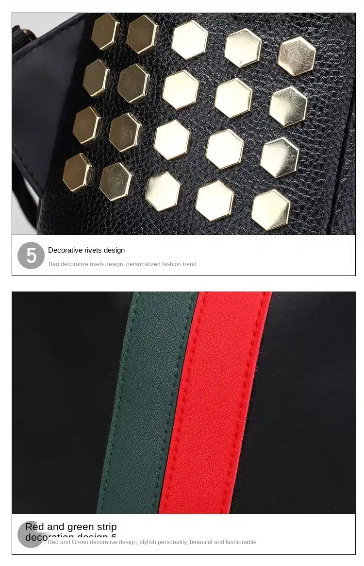 must kunstnahast seljakott kuldsete neetide ja punase-rohelise triibuga