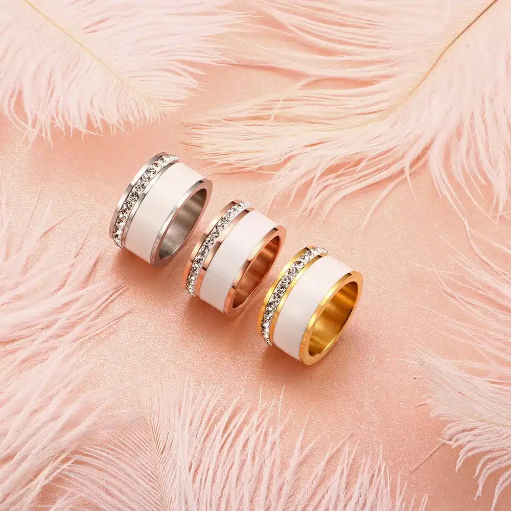 JOVO Luxury Gold Color Rings for Women Wedding Gift Black/White color with charm CZ Paved Design Rose Gold Women Rings Jewelry 23