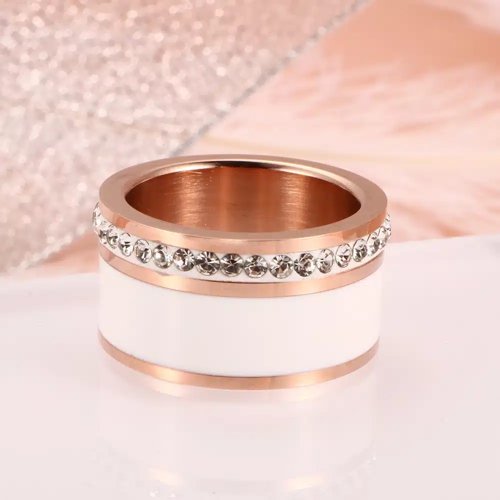 JOVO Luxury Gold Color Rings for Women Wedding Gift Black/White color with charm CZ Paved Design Rose Gold Women Rings Jewelry 24
