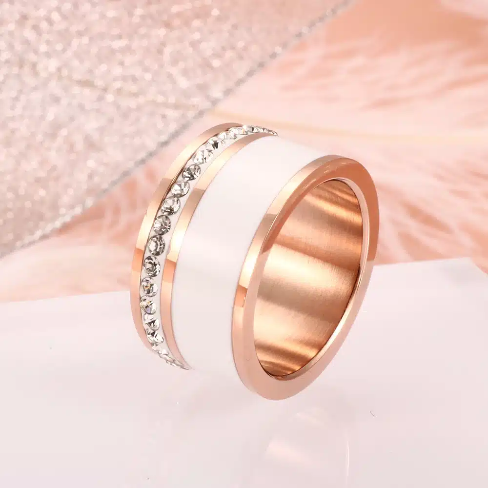 JOVO Luxury Gold Color Rings for Women Wedding Gift Black/White color with charm CZ Paved Design Rose Gold Women Rings Jewelry 25