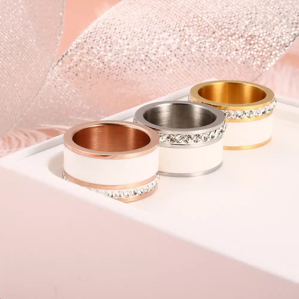 JOVO Luxury Gold Color Rings for Women Wedding Gift Black/White color with charm CZ Paved Design Rose Gold Women Rings Jewelry 27