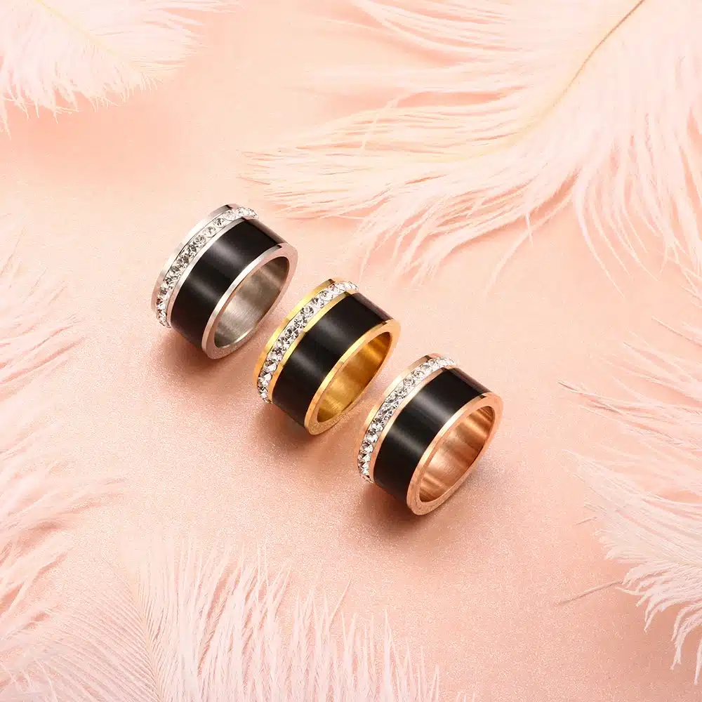 JOVO Luxury Gold Color Rings for Women Wedding Gift Black/White color with charm CZ Paved Design Rose Gold Women Rings Jewelry 30