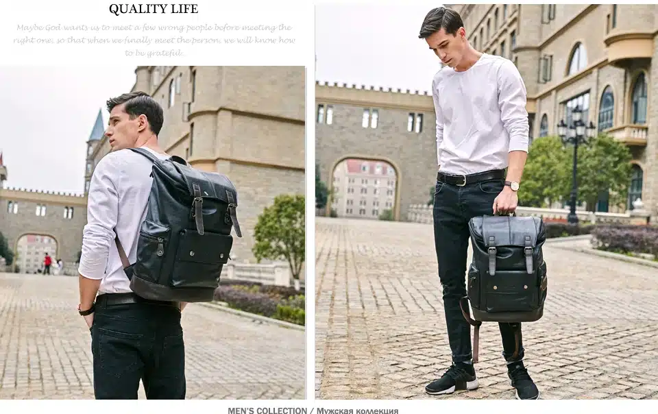 VICUNA POLO Simple Patchwork Large Capacity Mens Leather Backpack For Travel Casual Men Daypacks Leather Travle Backpack mochila 7