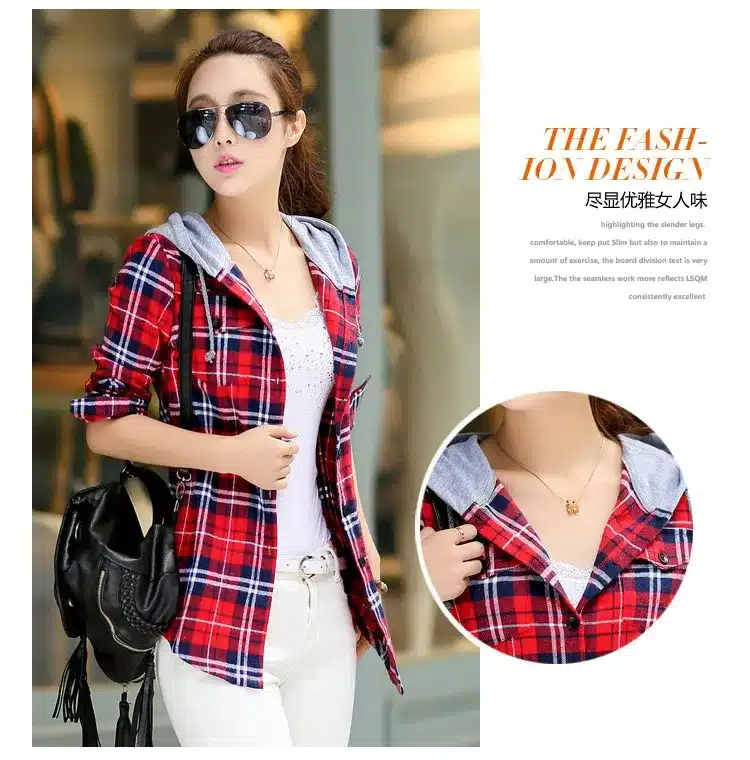 New 2018 Spring Women Shirt Fashion Plaid Hooded Shirt Flannel Shirt Long Sleeve Women Blouses Shirt Cotton Blusas British style 10