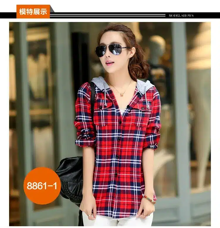 New 2018 Spring Women Shirt Fashion Plaid Hooded Shirt Flannel Shirt Long Sleeve Women Blouses Shirt Cotton Blusas British style 16