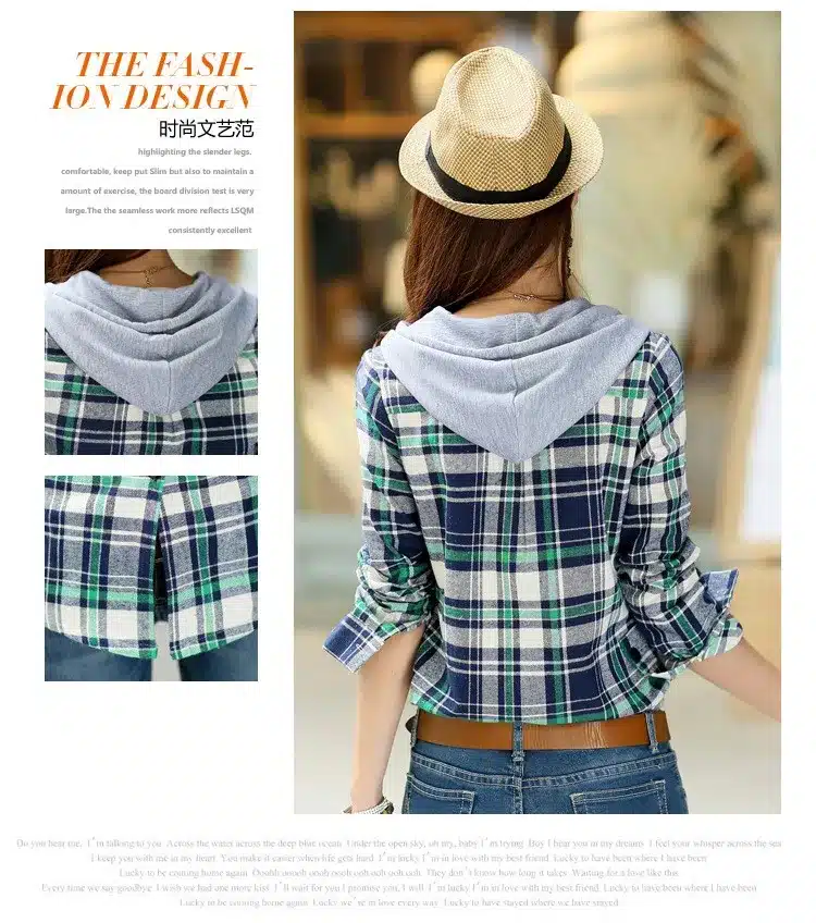 New 2018 Spring Women Shirt Fashion Plaid Hooded Shirt Flannel Shirt Long Sleeve Women Blouses Shirt Cotton Blusas British style 22