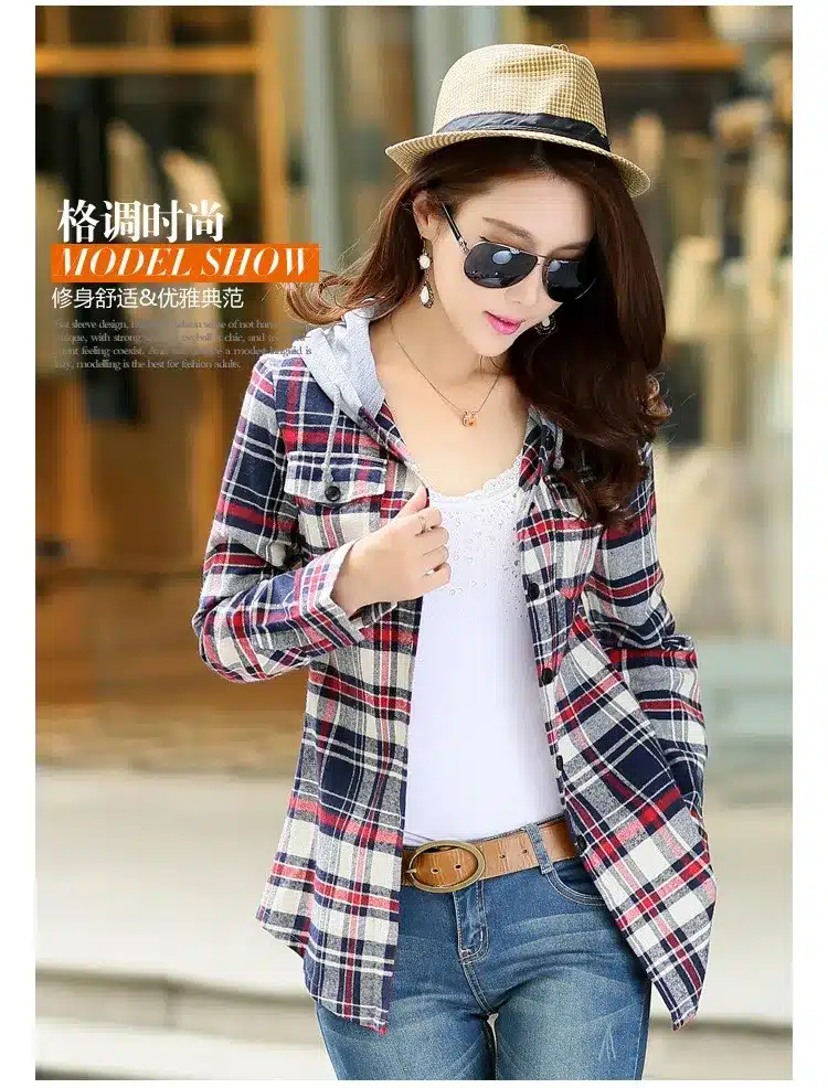 New 2018 Spring Women Shirt Fashion Plaid Hooded Shirt Flannel Shirt Long Sleeve Women Blouses Shirt Cotton Blusas British style 24