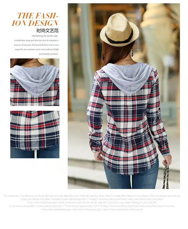 New 2018 Spring Women Shirt Fashion Plaid Hooded Shirt Flannel Shirt Long Sleeve Women Blouses Shirt Cotton Blusas British style 26