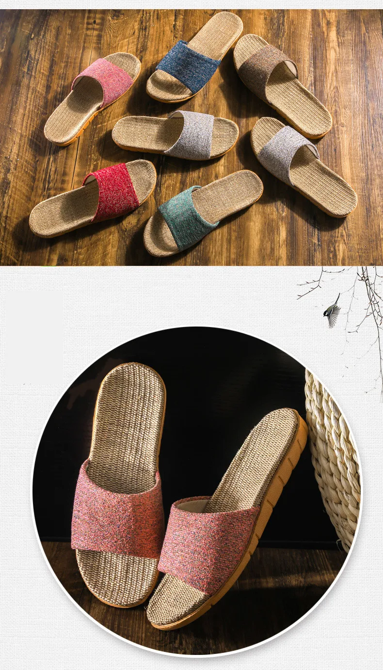 Suihyung Summer Flax Slippers Mixed Colors Casual Indoor Floor Shoes Home Slipper Lovers Women Men Open Toe Slippers Flat Shoes 22