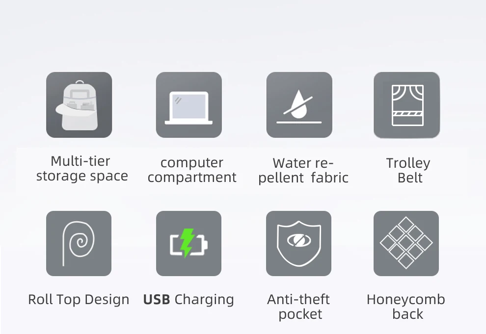 seljakoti omadused nagu mitmetasandiline hoiuruum, veekindel kangas ja USB laadimine