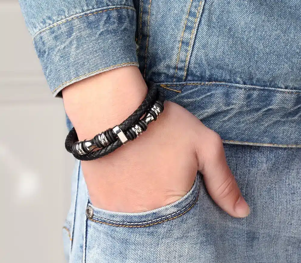 XQNI Fashion Men Bracelets Leather Stainless Steel Wristband Bangles Men Bracelets & Bangles Casual Style 15